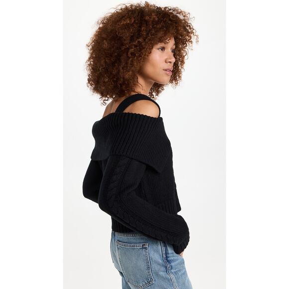 MOON RIVER Black Cable Knit Collared Off Shoulder Cropped Sweater Size XL NWT - Picture 4 of 5